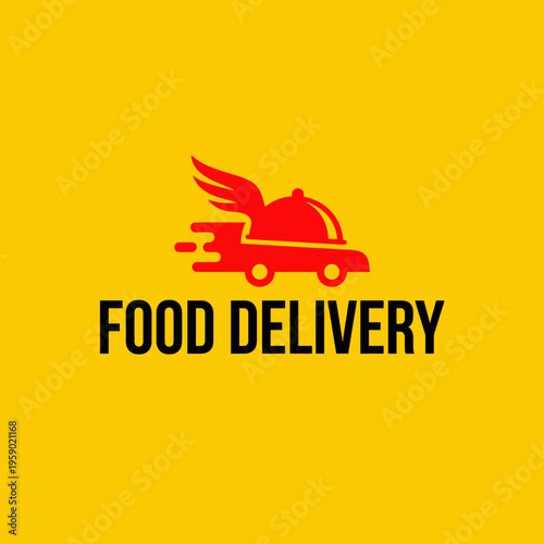 A vibrant and energetic logo design for a food delivery service, featuring a speedy car motif with a chef's hat, representing efficiency and convenience in meal delivery.