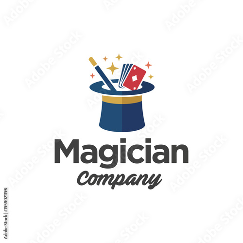A captivating logo featuring a magician's hat filled with playing cards and a wand, embodying the magic and wonder of illusion and performance art.
