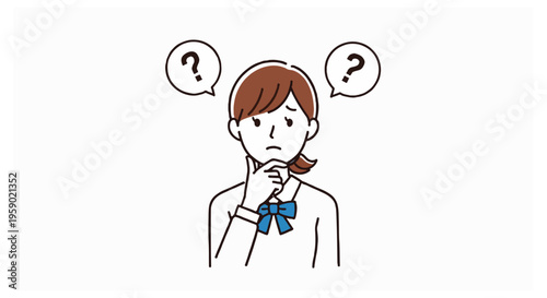 A young woman with brown hair wearing a white shirt and blue bow looking worried with question marks in speech bubbles above her head.