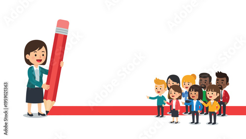 Setting Boundaries: Woman draws red line for diverse group, symbolizing rules, limits, or a starting point for teamwork