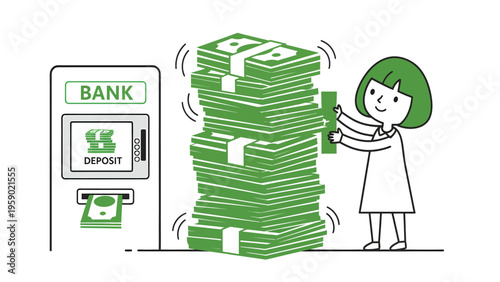 Financial savings illustration: Character depositing money into an ATM, symbolizing wealth accumulation.