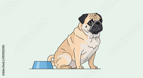 Cute pug dog sitting next to bowl.