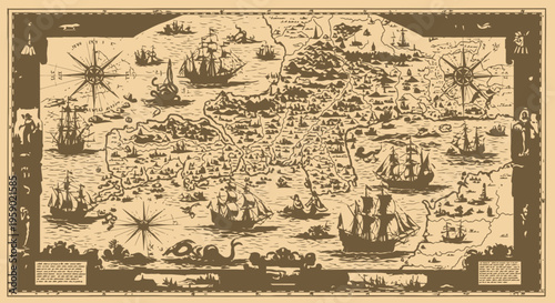Vintage nautical map with ships and compasses.
