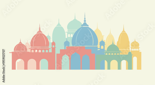Colorful illustration of various mosque domes.