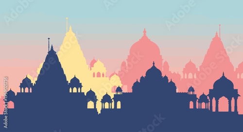 Colorful Indian cityscape silhouette at sunset.
