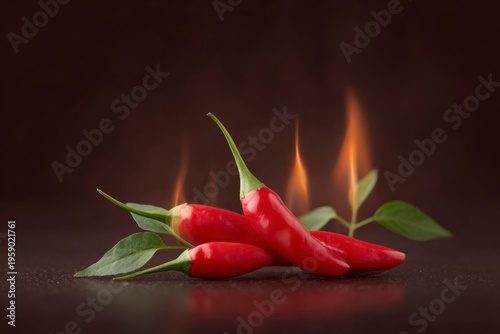 hot and spicy red peppers with flames, on a dark brown background