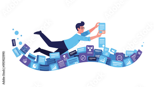 Man navigating and managing a wave of digital documents and data. Concept of information flow, organization, and digital workflow.