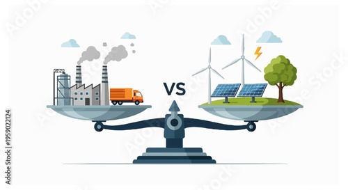 A dark grey balance scale with a factory and orange truck on the left and wind turbines with solar panels and a tree on the right side.