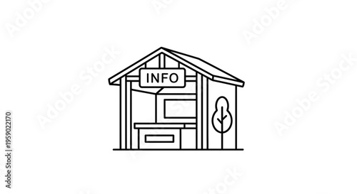 Information Booth Icon: Wooden Structure with 'INFO' Sign and Tree