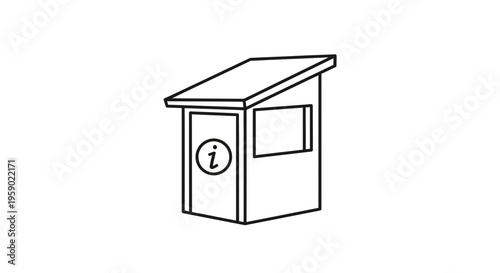 Information kiosk icon, outline drawing of a small booth with info symbol