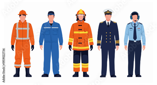 Five men standing in a row wearing different professional uniforms including construction worker mechanic firefighter pilot and guard.