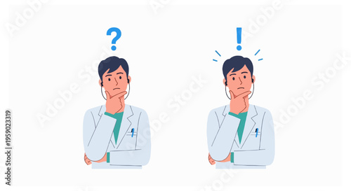 A male medical professional in a white lab coat is shown twice side by side with a blue question mark and an exclamation mark overhead.