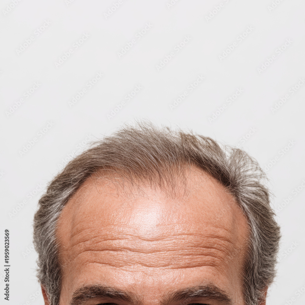 Fototapeta premium Top view close up of man head with receding hairline, gray hair and forehead wrinkles showing natural aging and skin texture, neutral expression and studio background