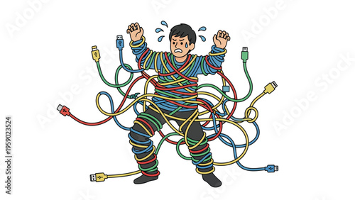 Frustrated man tangled in colorful network cables, illustrating technology overload, digital dependency, and internet frustration.