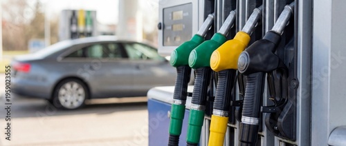Fuel pumps offer a spectrum of colors, a car at the side, evoking a sense of everyday convenience and travel, ready to meet the journey ahead.