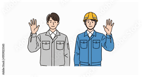 Two male construction workers in gray and blue industrial uniforms wave their hands while standing together against a plain white background in a flat illustration style.