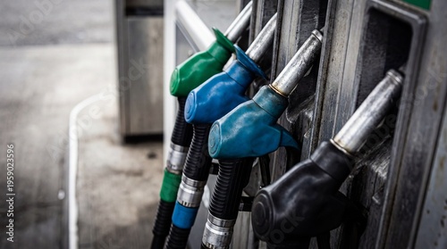 Fuel nozzles, color-coded, ready for use, symbolize energy and mobility. Close-up shot emphasizing the vital resource of modern transportation.