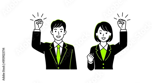 Businessman and businesswoman celebrating with fists in the air in black and green