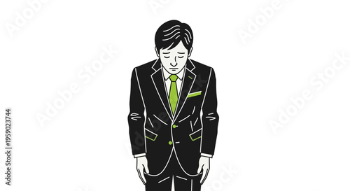 A man in a black suit with green tie and pocket square bows his head