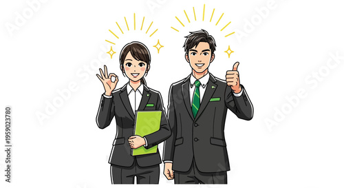Business people in suits with positive gestures and green accents