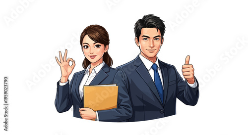 Businessman and businesswoman in blue suits giving approval gestures