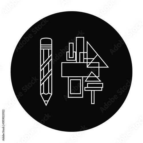 Simple line icon of pencil and house blueprints in circle icon