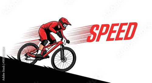 A Cyclist in Red Outfit Descends at High Speed Down a Steep Slope on Bicycle