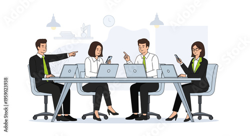 Business professionals meeting around a conference table with laptops