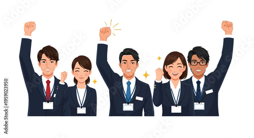 Business people celebrating with raised fists and smiling faces in office