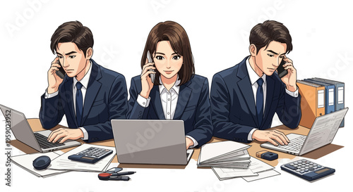 Three business professionals working at office desks with laptops and phones