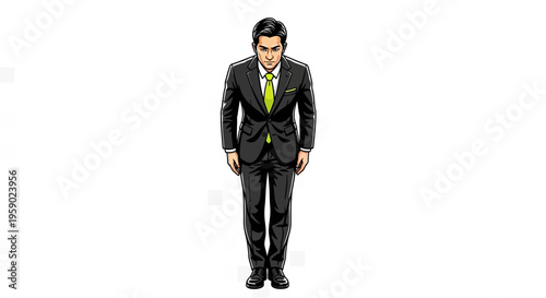 A cartoon man in a black suit with a green tie standing alone
