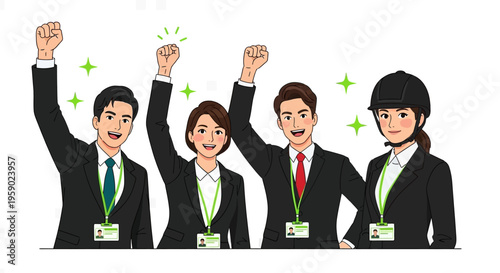 Business people in suits with raised fists and green lanyards