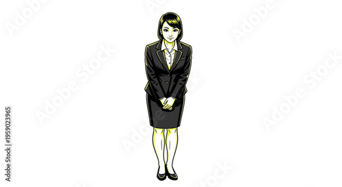 Businesswoman in a black suit standing with hands clasped isolated on white background
