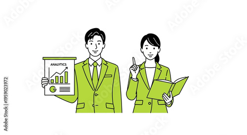 Business professionals analyzing data and discussing strategy in green suits