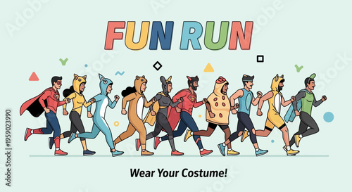 A Joyful Cartoon Depiction of a Fun Run Event with People in Costumes