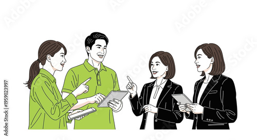 Group of business people discussing and using digital tablets together