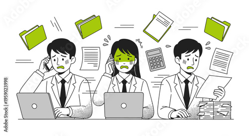 Overwhelmed office workers dealing with paperwork and deadlines