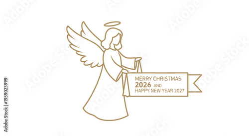 Golden Angel with Halo Holding Christmas and New Year 2026-2027 Greeting Banner