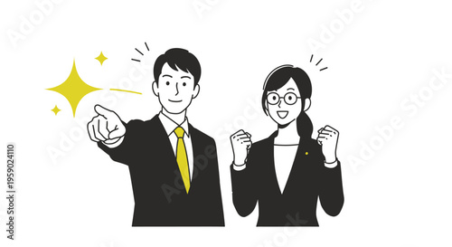 Businessman and woman in black suits with yellow sparkles