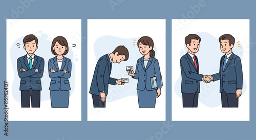 Business people in various professional interactions and expressions in blue suits