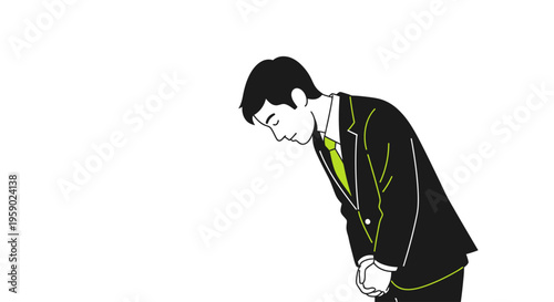 A man in a suit bowing his head in a geometric pattern