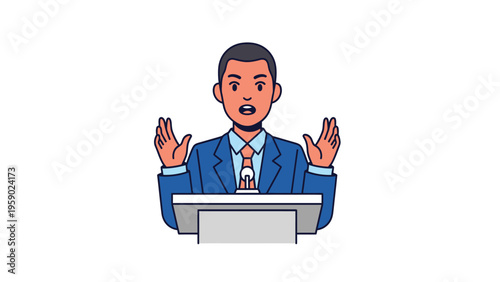Professional Man Speaking at Podium. Public Speaker or Presenter Giving a Business Speech. Flat Vector Illustration.