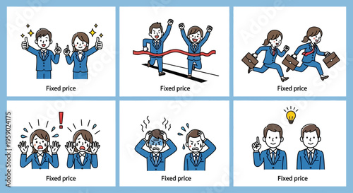 Business people in blue suits with various expressions and actions on white background