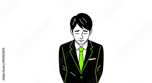 A man in a black suit with green tie and gradient background