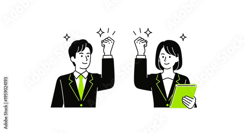 Business people celebrating success with raised fists and sparkles around them