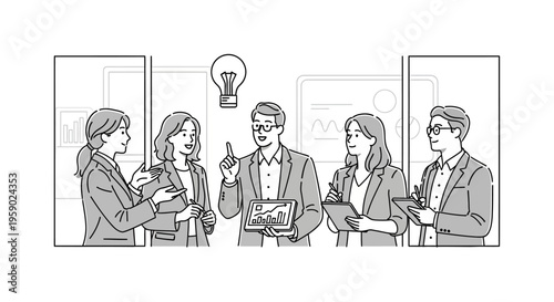 Business people discussing ideas with lightbulb and graphs in background