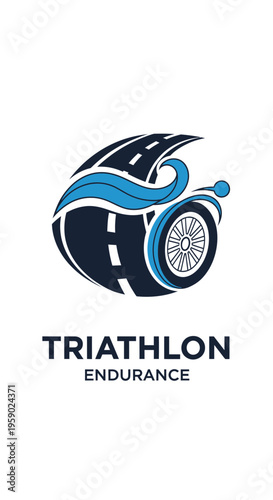 Abstract Triathlon Logo Depicting Endurance with Road Wheel and Water Elements Graphic