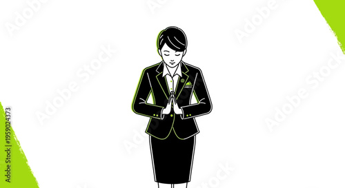 Businesswoman in a black suit with hands together in greeting