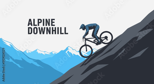 Alpine Downhill Mountain Biking, Thrilling Descent in Vector Style Illustration