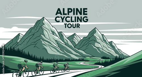 Alpine Cycling Tour: A Stunning Illustration of Cyclists Riding Through Mountainous Terrain